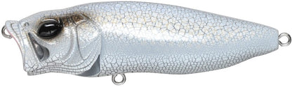 The Megabass PopMax is a topwater fishing lure featuring a silver and black fish scale design, gill system for dynamic water movement, large eye, concave mouth, and dual metal rings for easy attachment.