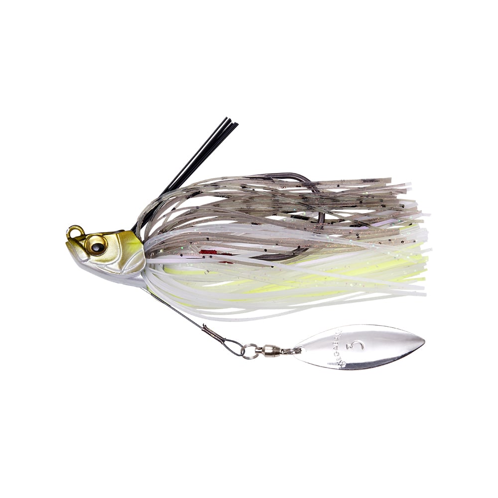 The Megabass Uoze Swimmer Swim Jig by Megabass features a metallic head, silicone skirts in white, black, and yellow, along with an attached silver spinner blade.