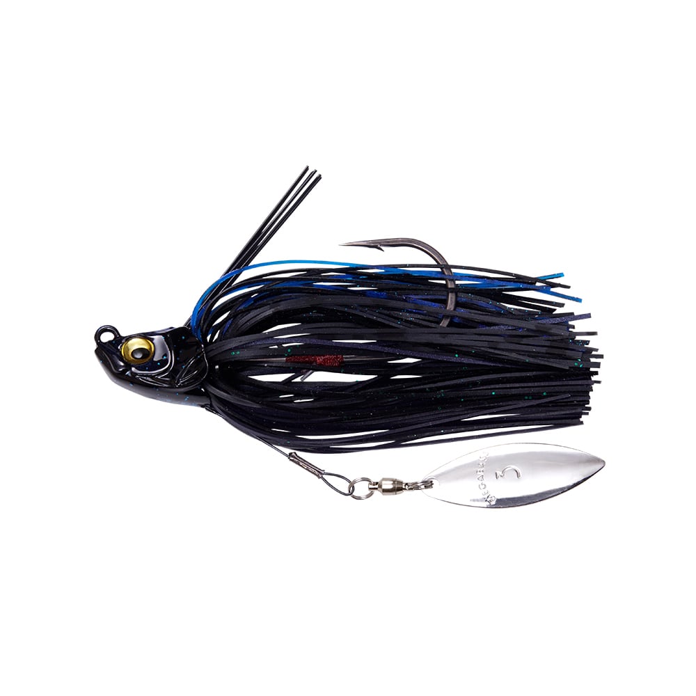 The Megabass Uoze Swimmer Swim Jig, by Megabass, showcases a black and blue design with a multi-strand silicone skirt and a shiny spinner blade. It features a realistic fish head with detailed eyes and comes equipped with a single hook for attracting catches.