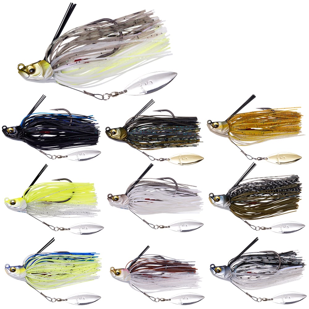 The Megabass Uoze Swimmer Swim Jig collection consists of nine vibrant fishing lures, each equipped with a spinner blade and a skirted jig design. These high-quality lures from the brand Megabass feature silicone skirts and are available in silver, gold, black, yellow, and white with distinctive patterns and accents.