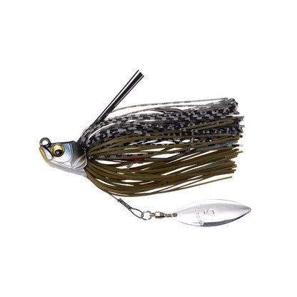 The Megabass Uoze Swimmer Swim Jig is a fishing lure designed to resemble a realistic fish head, featuring vibrant silicone skirts and a shiny metal blade beneath. This product by Megabass is ideal for attracting fish with its multi-colored tassels.