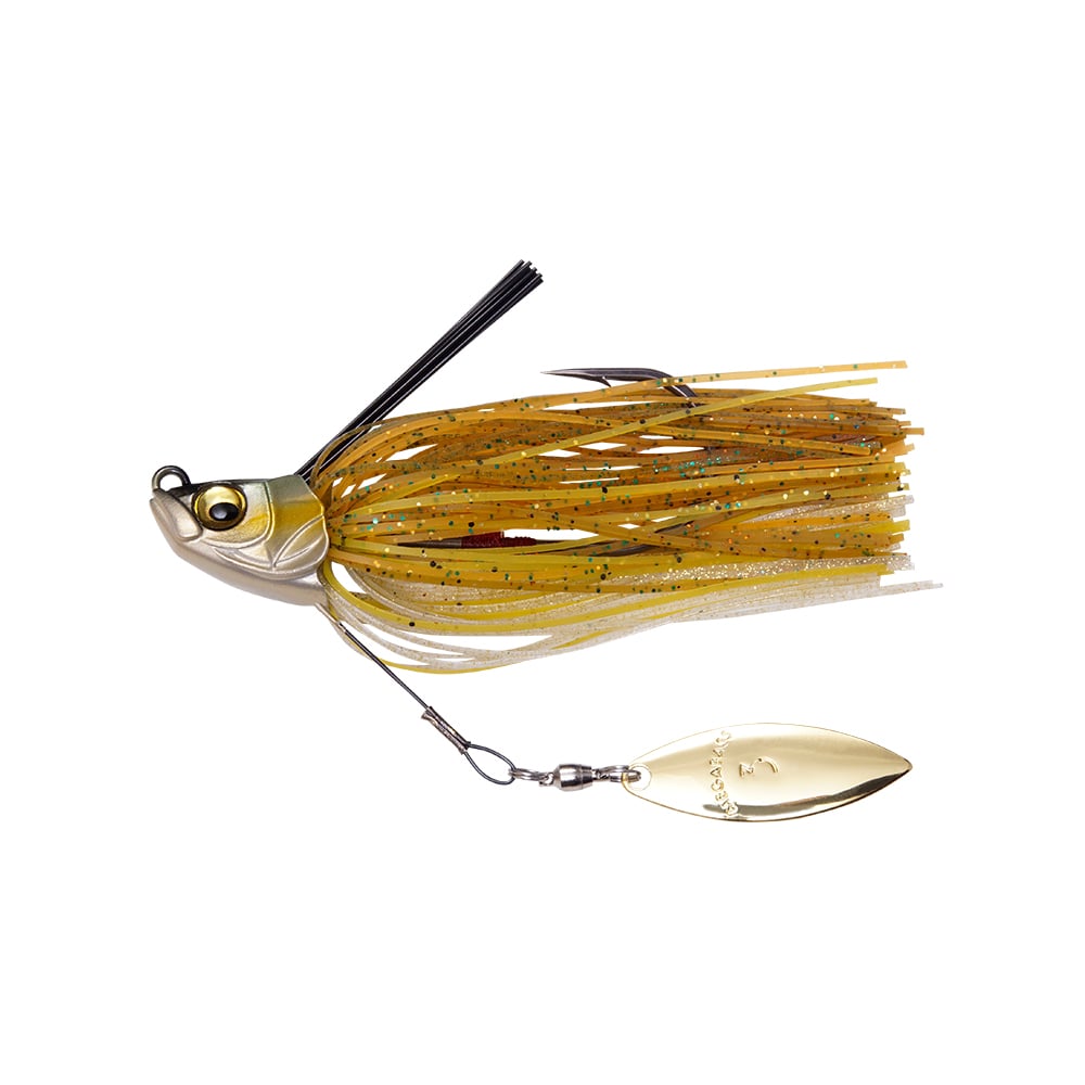 Introducing the Megabass Uoze Swimmer Swim Jig: This spinnerbait fishing lure boasts a fish-shaped head, a hook, and silicone skirts in striking yellow and black. It is designed with a shiny, oval-shaped blade attached by a swivel to enhance movement, echoing the finesse for which Megabass is renowned.