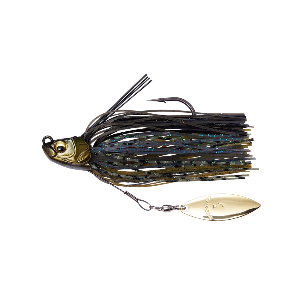 The Megabass Uoze Swimmer Swim Jig by Megabass is a top-notch fishing lure with a fish-shaped head, decorative silicone skirts in black and green hues with iridescent strands, and a shiny gold-colored spinner blade beneath.