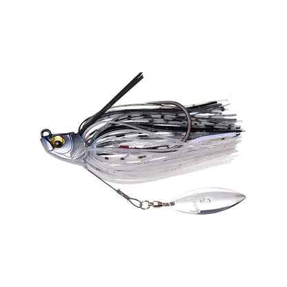 The Megabass Uoze Swimmer Swim Jig by Megabass showcases a metallic head and elegant black and white silicone skirts, complemented by an attached silver spinner blade to enhance its allure.