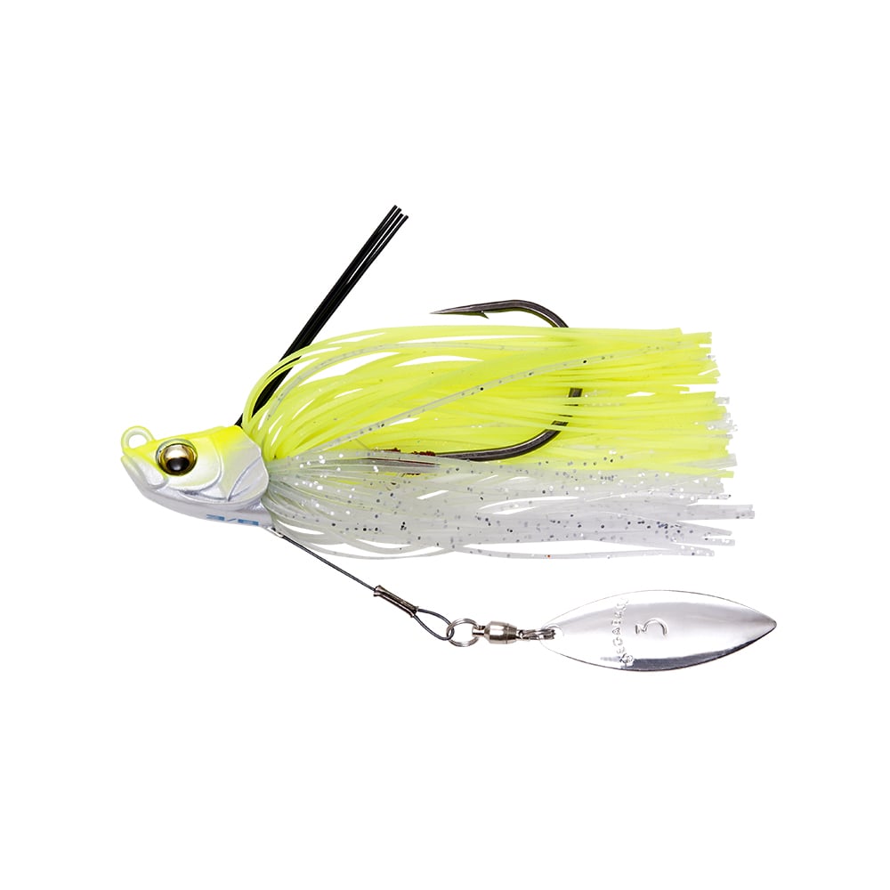 Introducing the Megabass Uoze Swimmer Swim Jig from Megabass, a striking lure with a white and yellow head accented by black eyes. It features elegantly designed silicone skirts and strands infused with yellow and translucent sparkles, complemented by a shiny metal blade for an enticing performance underwater.