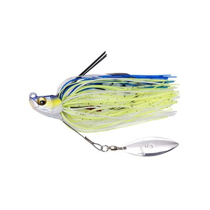 Introducing the vibrant Megabass Uoze Swimmer Swim Jig by Megabass, a colorful fishing lure enhanced with blue, yellow, and green silicone skirts. It boasts a fish-shaped head and a metallic, spoon-like spinner underneath for an irresistible swim jig action.