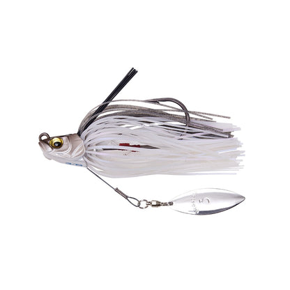 A Megabass Uoze Swimmer Swim Jig by Megabass, showcasing a metallic head with an eye design, paired with a white and gray silicone skirt and a clear spinner blade to enhance movement.