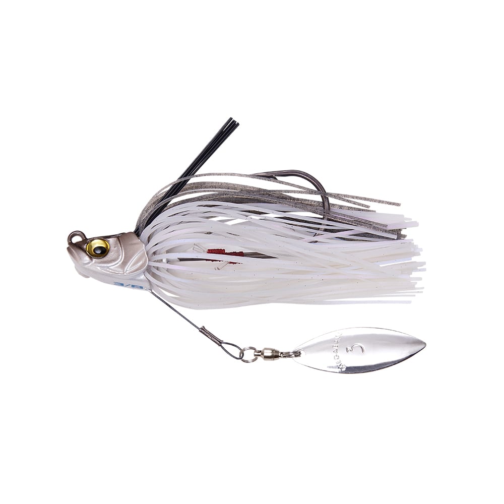 The Megabass Uoze Swimmer Swim Jig, by the brand Megabass, is a white and gray fishing lure featuring premium components such as a silicone skirt and a teardrop-shaped spinner blade. Its body includes an eye detail, with fringes that mimic a fish's movement in water, making it an ideal choice for attracting catches.