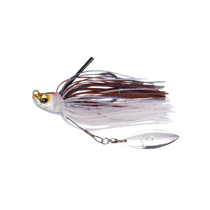 The Megabass Uoze Swimmer Swim Jig by Megabass is designed with a gleaming metallic head and colorful silicone skirts. It includes a reflective silver blade connected by a swivel, effectively imitating the look and motion of baitfish in the water.