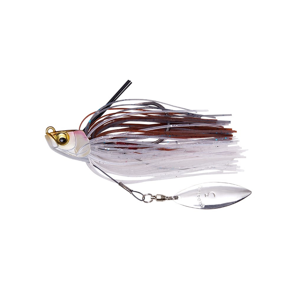 The Megabass Uoze Swimmer Swim Jig by Megabass is a fishing lure designed with a realistic fish head, transparent fin-like attachments, and a gleaming metal blade. It features layered silicone skirts in white, brown, and black to mimic fish scales, making it perfect for attracting fish.