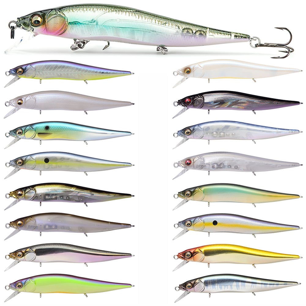 This set of 16 fishing lures, featuring the sleek Megabass Vision 110 Jr. Jerkbait, offers metallic, striped, and polka-dotted designs. Each lure has a silver hook at the tail and uses a Multiway Moving Balancer System, displayed against a white background.