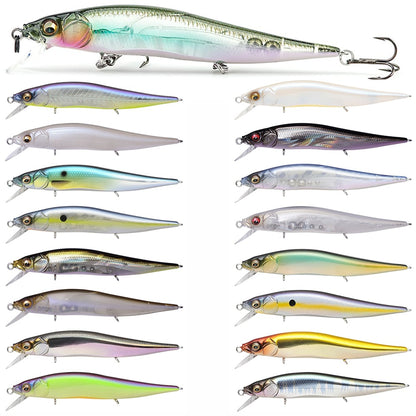 This set of 16 fishing lures, featuring the sleek Megabass Vision 110 Jr. Jerkbait, offers metallic, striped, and polka-dotted designs. Each lure has a silver hook at the tail and uses a Multiway Moving Balancer System, displayed against a white background.