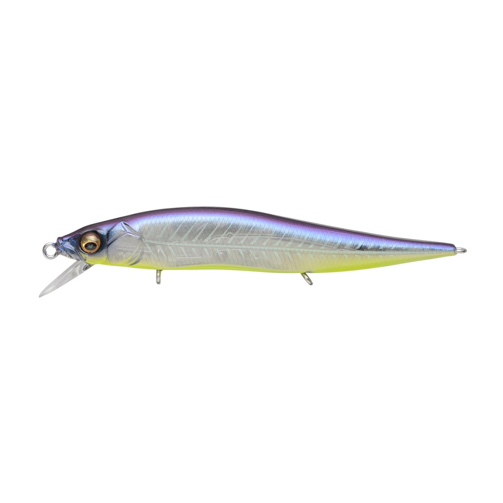 The Megabass Vision 110 Jr. Jerkbait by Megabass is a shiny fishing lure with a purple and green body, realistic fish-like details including eyes, scales, and a fin. It features the Multiway Moving Balancer System and a transparent plastic lip for enhanced performance.