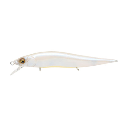 The Megabass Vision 110 Jr. Jerkbait from Megabass boasts a shiny white finish, sleek elongated body, and two small treble hooks. Its realistic eye and transparent lip create dynamic diving action via the innovative Multiway Moving Balancer System.