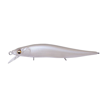 The image displays a translucent Megabass Vision 110 Jr. Jerkbait, designed as a small fish with a clear, pointed lip, streamlined body, the Multiway Moving Balancer System, and a realistic metallic eye.