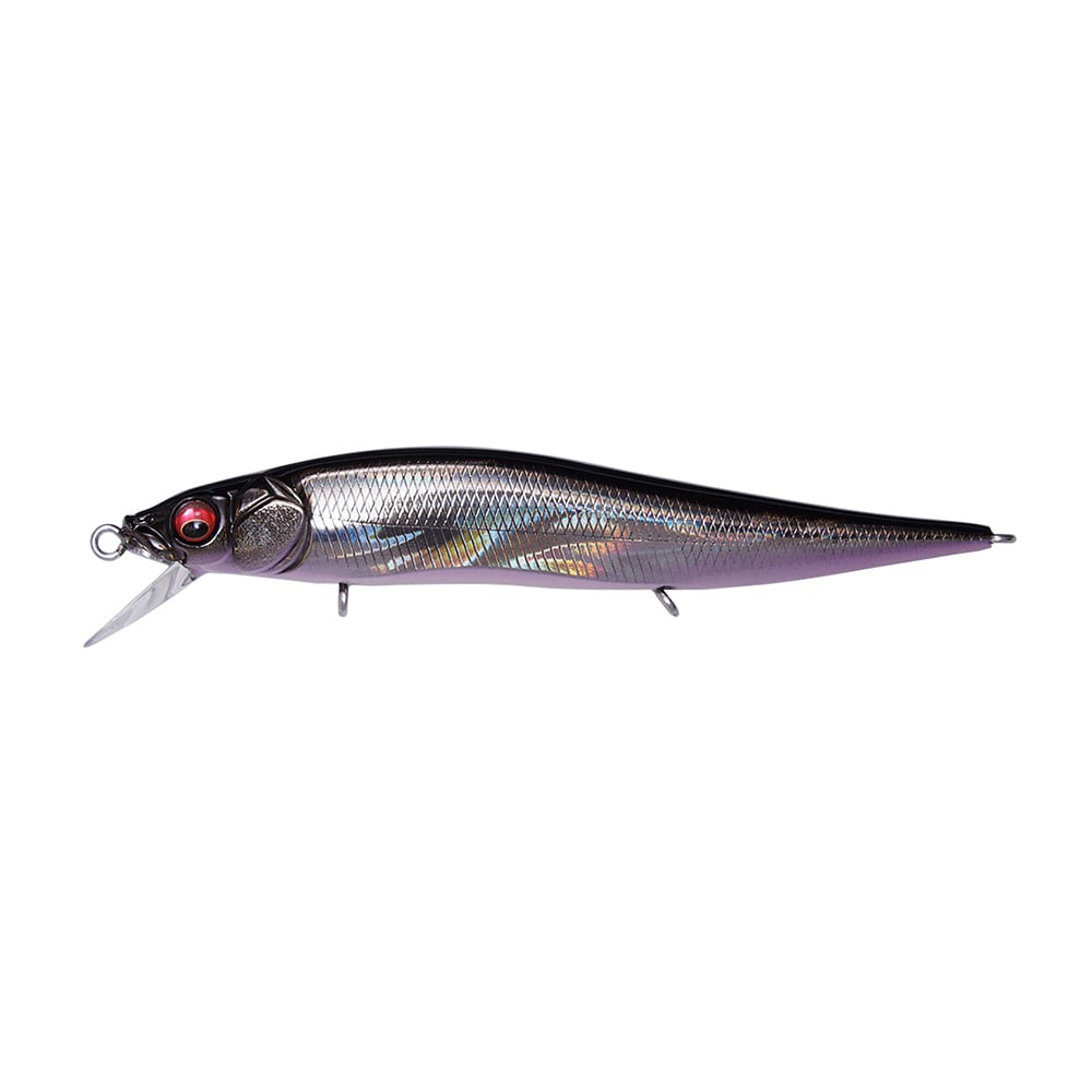 The Megabass Vision 110 Jr. Jerkbait features a black and metallic purple body, textured scales, a translucent fin, and a red eye. Enhanced by the Multiway Moving Balancer System, this realistic fish-shaped lure ensures precision casting.