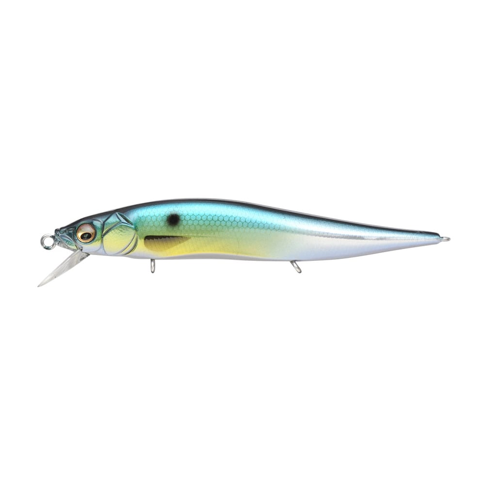 Meet the Megabass Vision 110 Jr. Jerkbait by Megabass: a lifelike lure with a metallic blue, green, and yellow body that resembles small fish. It features a clear plastic lip for diving and detailed scales, eyes, and gills along with the Multiway Moving Balancer System for superior performance.