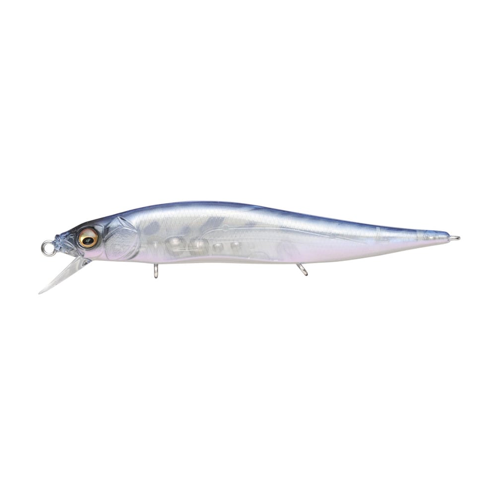 The Megabass Vision 110 Jr. Jerkbait by Megabass is a translucent blue and silver fishing lure with a realistic fish design, clear lip, detailed eyes, and a streamlined body that uses the Multiway Moving Balancer System to attract fish.