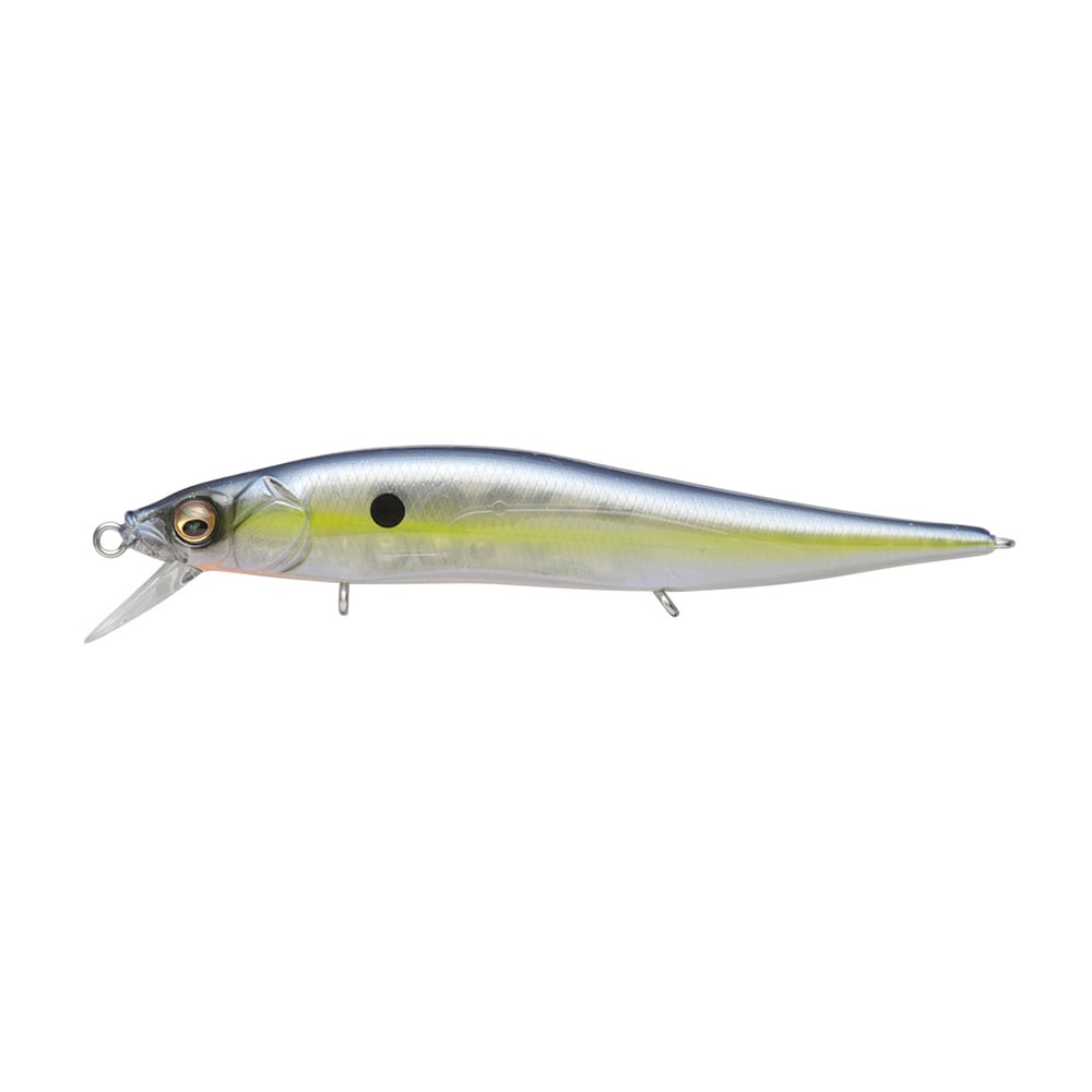 The Megabass Vision 110 Jr. Jerkbait by Megabass is a lifelike lure featuring a metallic blue back, silver sides, and yellow stripe. It has a Multiway Moving Balancer System, protruding plastic lip, two hooks below, and a small black eye spot near its head to mimic real fish.