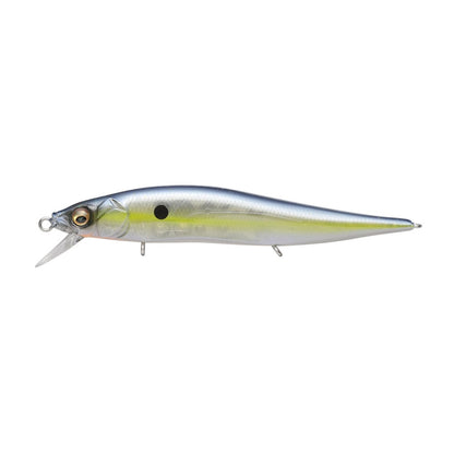 The Megabass Vision 110 Jr. Jerkbait by Megabass is a lifelike lure featuring a metallic blue back, silver sides, and yellow stripe. It has a Multiway Moving Balancer System, protruding plastic lip, two hooks below, and a small black eye spot near its head to mimic real fish.