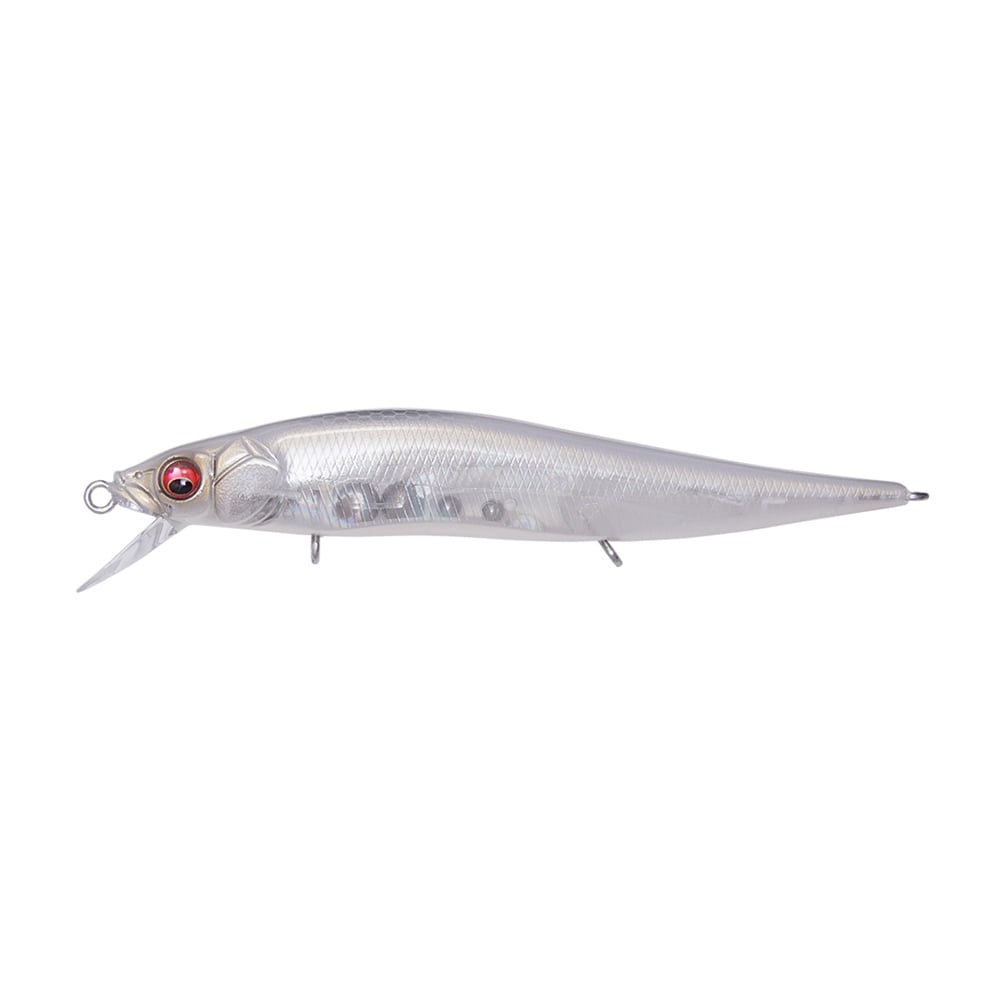 Discover the Megabass Vision 110 Jr. Jerkbait, a high-performance fishing lure with a metallic finish, transparent body, red eye, and small underside fin. It boasts the Multiway Moving Balancer System and includes a mouthpiece ring for easy line attachment.