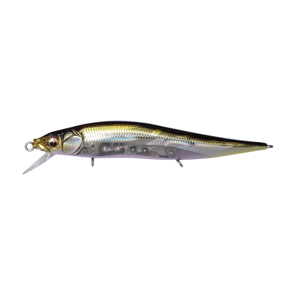 Meet the Megabass Vision 110 Jr. Jerkbait: a lifelike lure with a gold-silver body, realistic patterns, and two small hooks. Its Multiway Moving Balancer System and clear plastic lip ensure optimal diving action in water.