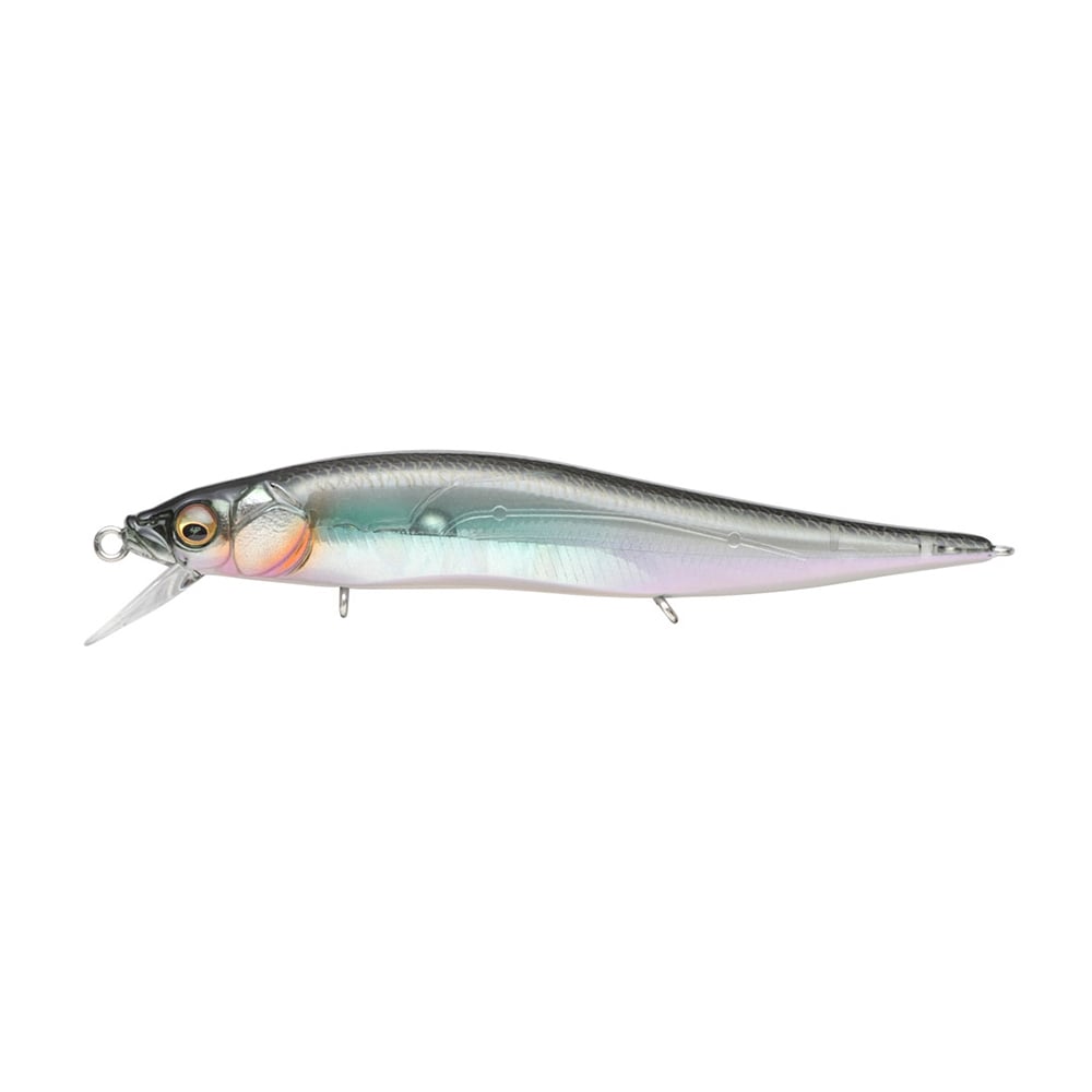 The Megabass Vision 110 Jr. Jerkbait is shown against a white background. This lifelike, multicolored lure features a reflective silver, green, blue, and pink body with a distinct eye and transparent diving lip. It incorporates the Multiway Moving Balancer System for improved performance.