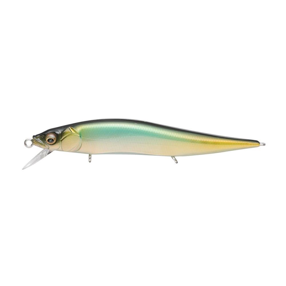 Introducing the Megabass Vision 110 Jr. Jerkbait: a lure with a metallic green and yellow gradient, realistic fish-eye, streamlined shape, translucent fin-like projection, and advanced Multiway Moving Balancer System for enhanced performance.