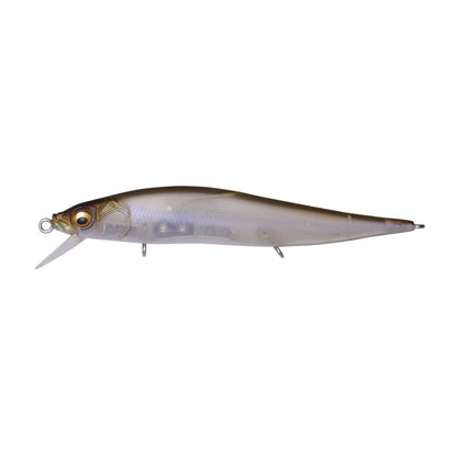 The Megabass Vision 110 Jr. Jerkbait by Megabass is a realistic lure with a sleek, fish-shaped design. It boasts a metallic body, large eyes, and a clear plastic lip. Its Multiway Moving Balancer System ensures it perfectly mimics baitfish.