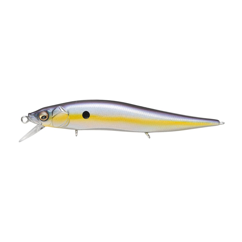 Presenting the Megabass Vision 110 Jr. Jerkbait, a lifelike lure with a multi-colored metallic finish. Its sleek body has a small black side circle and a translucent diving lip, featuring colors that transition from silver to yellow with subtle dark highlights.