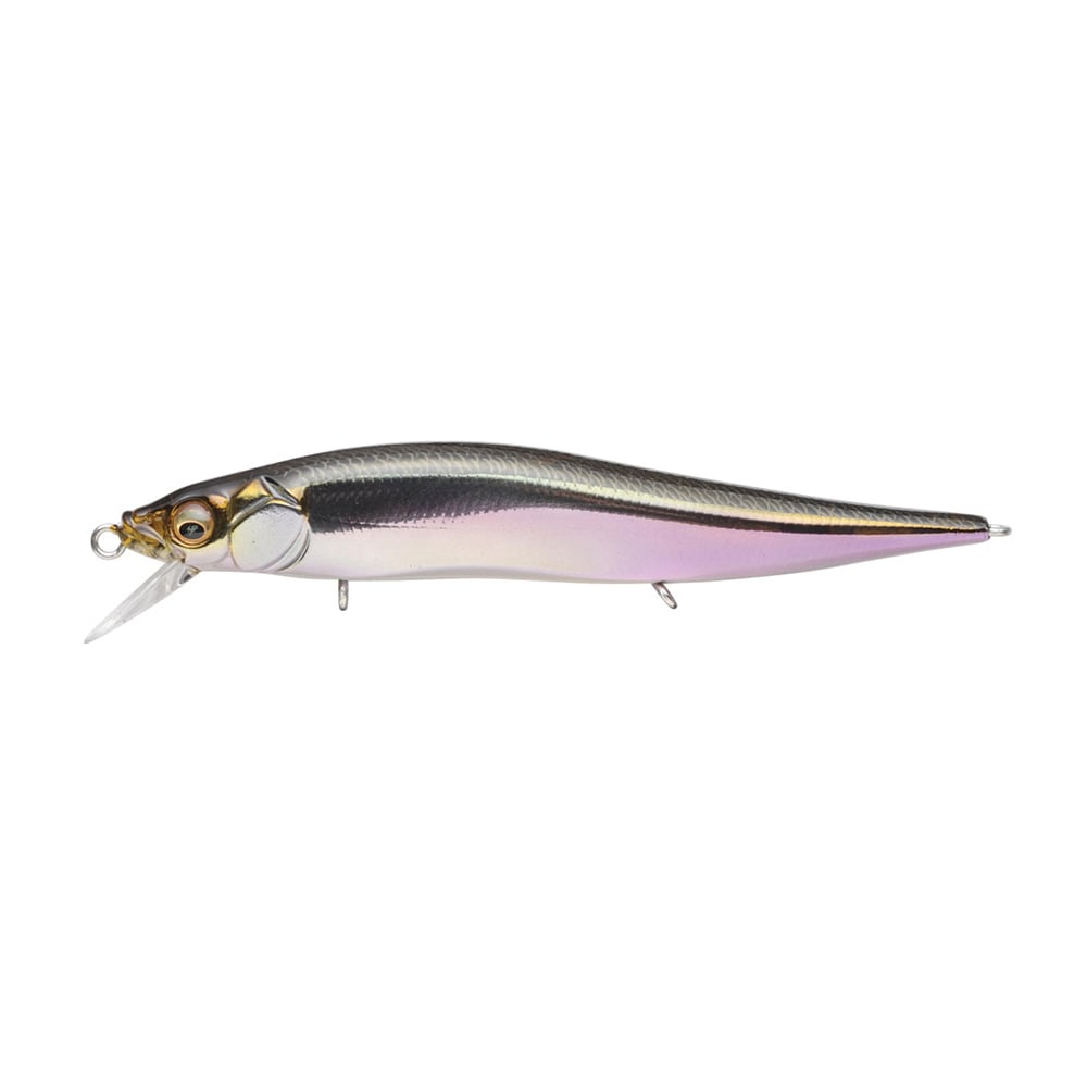 The Megabass Vision 110 Jr. Jerkbait, by Megabass, is a fish-shaped lure with a metallic silver and black body, life-like eyes, and a clear plastic lip. Its Multiway Moving Balancer System ensures optimal motion with strategically attached hooks for enhanced performance.