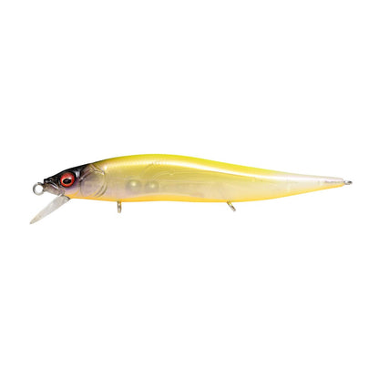 The Megabass Vision 110 Jr. Jerkbait by Megabass is a sleek fishing lure featuring a yellow and silver body, red eye, small plastic diving lip, multiple hooks, and an elongated form enhanced by the Multiway Moving Balancer System for superior performance.