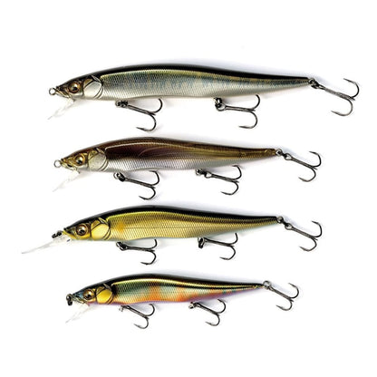 Four Megabass Vision 110 Jr. Jerkbaits, aligned vertically on a white background, showcase fish-like designs with metallic scales, hooks, and colors of green, gold, and silver. They feature the Multiway Moving Balancer System for realistic movement.