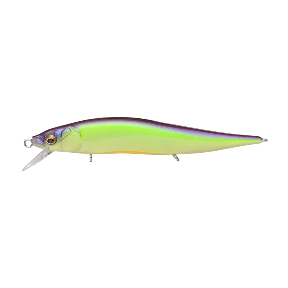 The Megabass Vision 110 Jr. Jerkbait features a sleek body with a reflective green and purple top transitioning to yellow underneath, enhanced by the Multiway Moving Balancer System for precise fish mimicry.