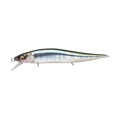 Introducing the Megabass Vision 110 Jr. Jerkbait by Megabass, a lifelike lure with a shiny metallic body and tapered shape. It includes a transparent diving lip and Multiway Moving Balancer System for superior performance.