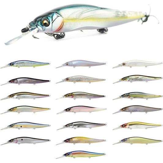 A collection of various fishing lures, including the high water-resistance Megabass Vision 110+1 Jerkbaits from Megabass, displayed on a white background. The lures are different colors and designs, featuring hooks and detailed patterns to resemble small fish or aquatic creatures.