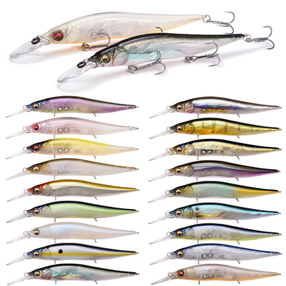 A selection of fishing lures in diverse colors, sizes, and designs is available, each designed with multiple treble hooks. These lures feature intricate patterns and lifelike fish appearances. Included in this display is the Megabass Vision 110+1 Jr. Jerkbait by Megabass, ideal for a Bassmaster Classic-style catch.