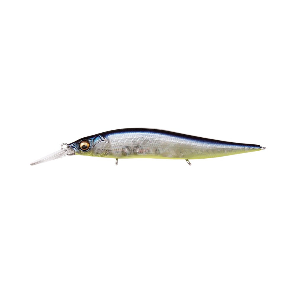 Introducing the Megabass Vision 110+1 Jr. Jerkbait, a meticulously detailed and realistic fishing lure crafted by the renowned brand Megabass. This jerkbait showcases a sleek, elongated body adorned with a vibrant metallic blue and silver pattern on top and a subtle pale yellow on the bottom. It features a transparent diving lip and is equipped with two treble hooks underneath, making it perfect for securing Bassmaster Classic victories.