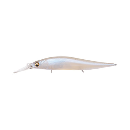 The Megabass Vision 110+1 Jr. Jerkbait by Megabass is a silver fishing lure with a sleek, streamlined design. It features a slender body and a pointed, clear plastic lip, making it ideal for use as jerkbait. The lure showcases a realistic fish-like appearance with one large eye on its side, similar to the top selections at the Bassmaster Classic.