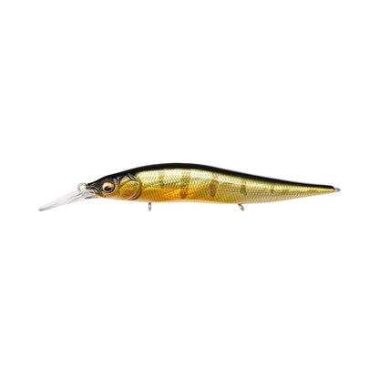 The Megabass Vision 110+1 Jr. Jerkbait from Megabass features a metallic gold and black finish with lifelike fish details. Its streamlined body and transparent plastic lip make it perfect for diving, an excellent choice for any angler looking to experience their own Bassmaster Classic moment.