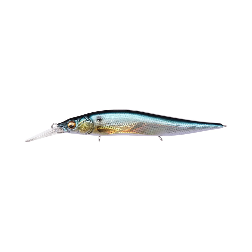 This sleek, metallic Megabass Vision 110+1 Jr. Jerkbait from Megabass displays a long, slender body and a small, clear plastic lip. Designed with a lifelike fish pattern, it showcases reflective scales in hues of blue, green, and silver—ideal for landing winners at tournaments such as the Bassmaster Classic.