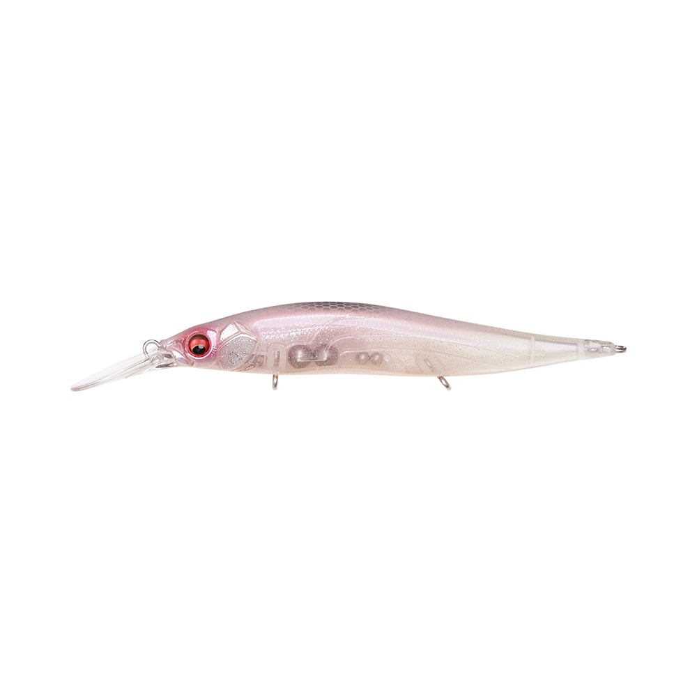 The Megabass Vision 110+1 Jr. Jerkbait, crafted by Megabass, features a transparent design with a slender, extended body. Adorned in a delicate light pink color and shiny finish, it showcases a distinct red eye. Tailored for precision angling, it incorporates a petite clear plastic lip at the front for diving action—perfect for tackling the next Bassmaster Classic challenge.