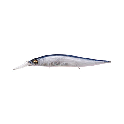 The Megabass Vision 110+1 Jr. Jerkbait, crafted with an elegant slender body and a dark blue top, delivers the level of realism that shines at the Bassmaster Classic. It features lifelike eyes, silver internal mechanics, and two treble hooks for captivating appeal.