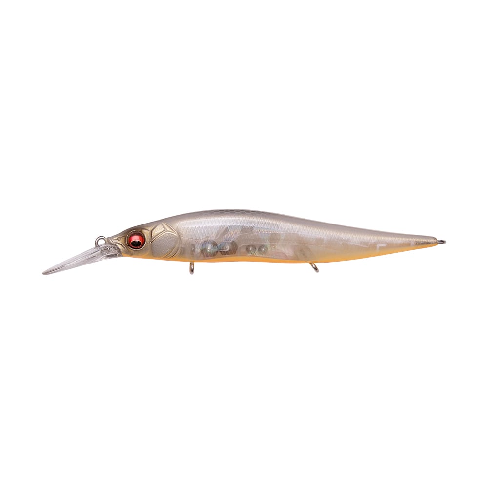 The Megabass Vision 110+1 Jr. Jerkbait by Megabass boasts a sleek, silver and gold body paired with a transparent bill, a striking red eye, and an irresistibly shiny finish—perfect for anglers targeting the Bassmaster Classic.