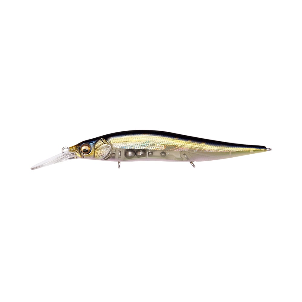 The Megabass Vision 110+1 Jr. Jerkbait is a meticulously crafted lure featuring a sleek, fish-like design. It showcases a shiny metallic gold and black color scheme with a reflective finish, striking eyes, and a transparent angled lip designed for underwater diving—ideal for any Bassmaster Classic competitor.