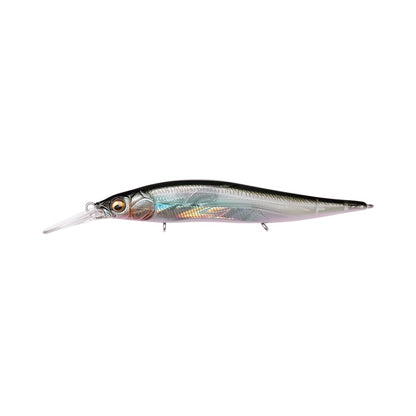 The Megabass Vision 110+1 Jr. Jerkbait, crafted by Megabass, is a lifelike, multicolored fishing lure featuring a shiny body, detailed eyes, and a transparent lip to imitate a small fish. This jerkbait is ideal for aspiring Bassmaster Classic anglers and offers an irresistible allure against its white background.