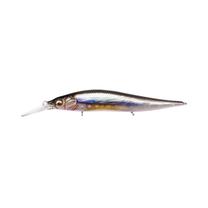 Presenting the Megabass Vision 110+1 Jr. Jerkbait, a lifelike creation designed to mimic the appearance of a fish. This jerkbait features a sleek, metallic body with a reflective finish, an elongated plastic lip, and realistic eyes. With its silver and brown hues accented by iridescent touches, it's an ideal choice for your next Bassmaster Classic outing.