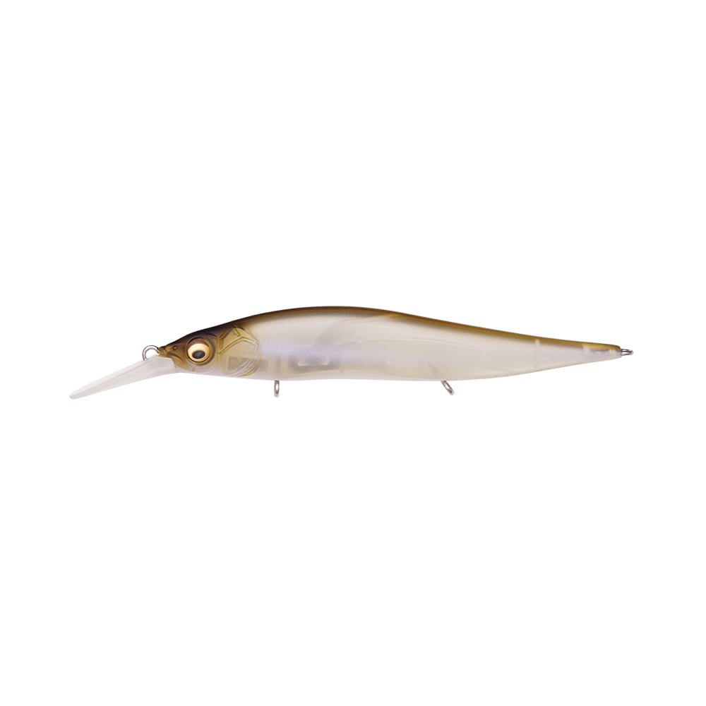 A side profile of the Megabass Vision 110+1 Jr. Jerkbait reveals its elongated and slim design with a translucent, brownish tint. This Megabass lure is ideal for competitions such as the Bassmaster Classic, boasting a small, clear angled lip at the front and metal hooks on the underside.