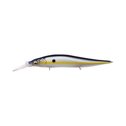 A detailed view of the Megabass Vision 110+1 Jr. Jerkbait, crafted by Megabass, showcases its fish-like contours with a modern, aerodynamic profile. This fishing lure is predominantly silver with a yellow stripe adorning its side and features a clear diving bill—perfect for reeling in large catches at the Bassmaster Classic.