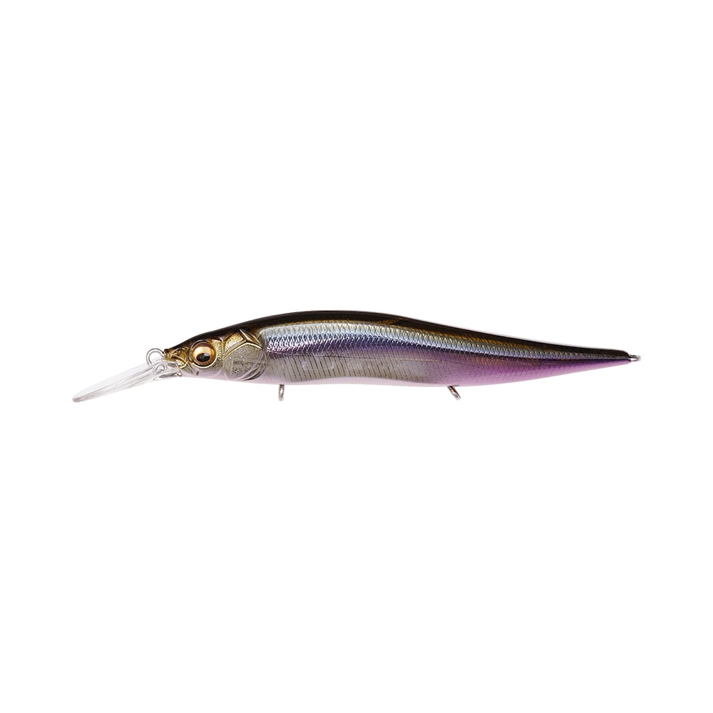 The Megabass Vision 110+1 Jr. Jerkbait is a lifelike lure featuring shiny, multicolored scales in shades of purple and gold. It has a transparent plastic bill and intricately detailed eyes, mimicking a small baitfish. This Megabass creation is ideal for securing that trophy catch at your next Bassmaster Classic event.